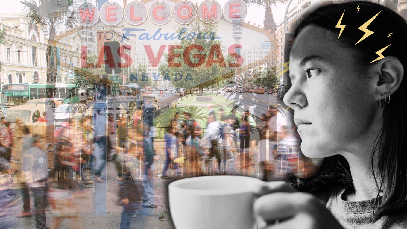 Sensory over stimulated woman surrounded by people in Vegas